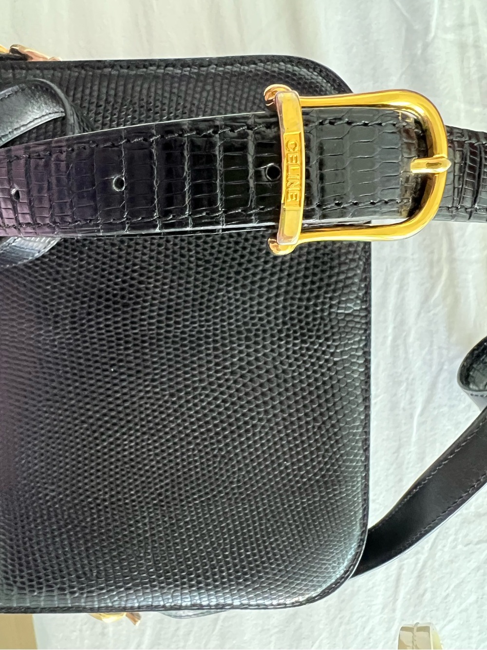 Celine Black Lizard-Embossed Leather Crossbody with Gold Carriage Plaque - Picture 11 of 11